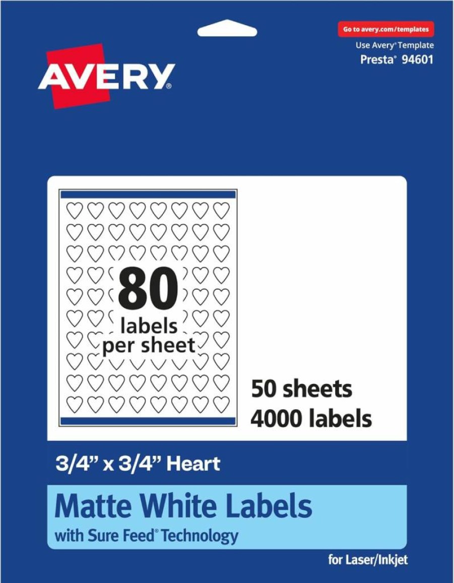 Avery Matte White Heart Labels, 0.75" x 0.75", 2,000 Pack, Sure Feed Technology, Printable Stickers for Crafts & Organizing
