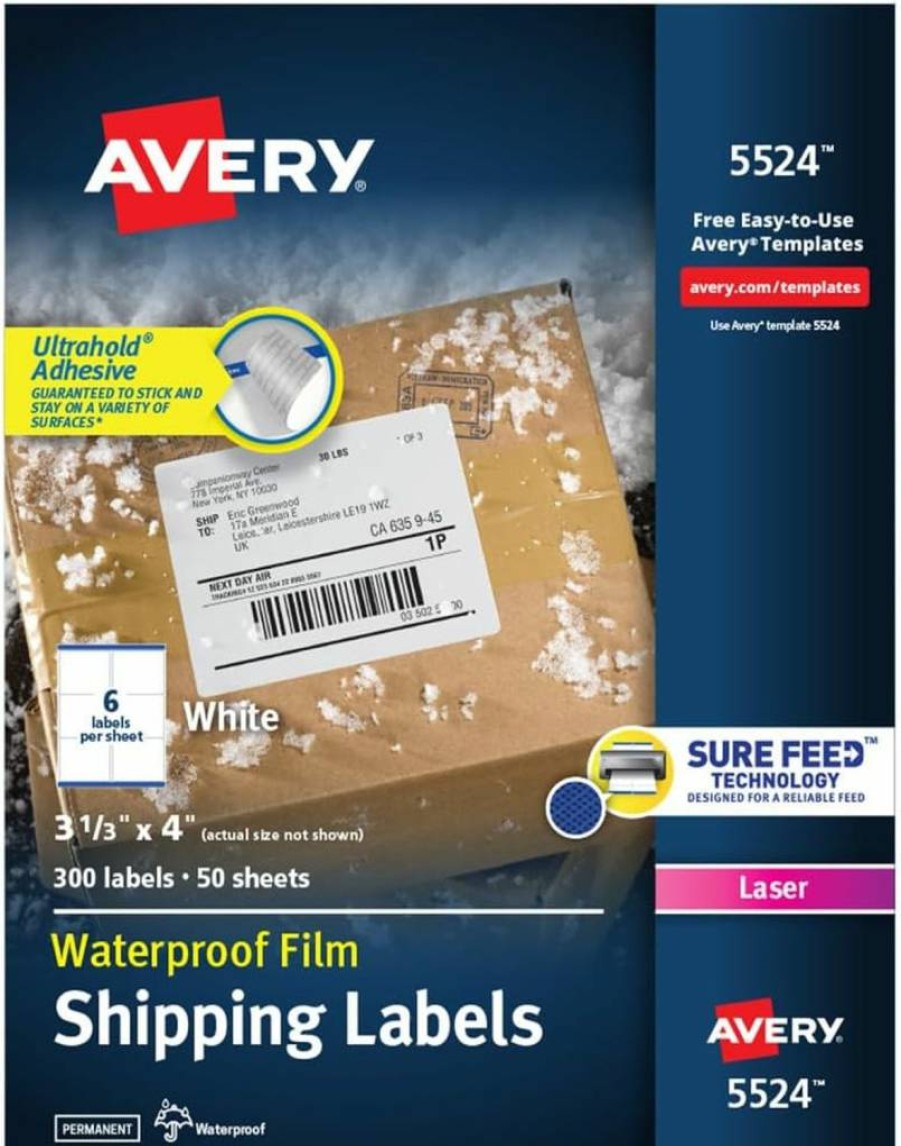 AVERY 5524 Waterproof Printable Shipping Labels, 3.33" x 4", White, 300 Blank Mailing Labels with Sure Feed Technology for Laser/Inkjet Printers