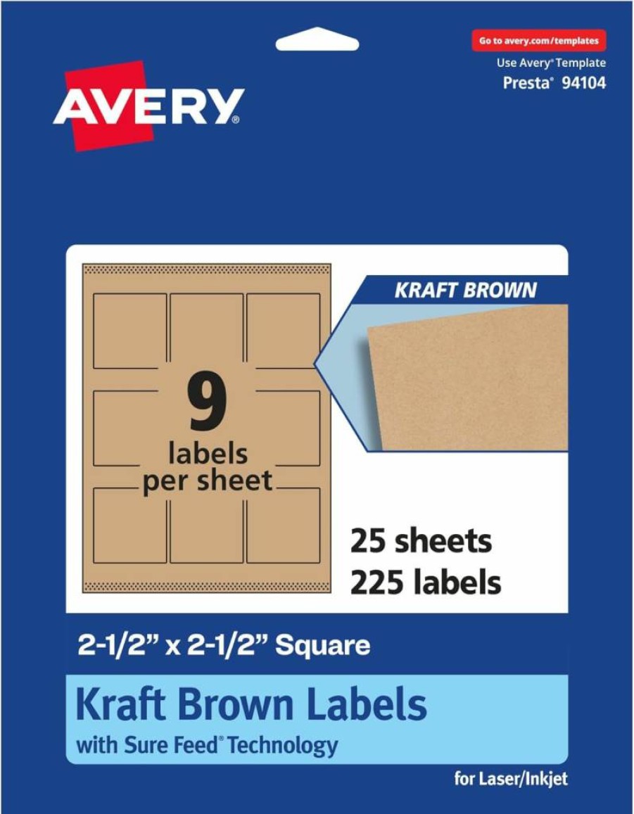 AVERY Sure Feed Kraft Brown Square Labels 2.5" x 2.5" - 135 Laser/Inkjet Printable Adhesive Stickers for Shipping, Packaging & Organizing