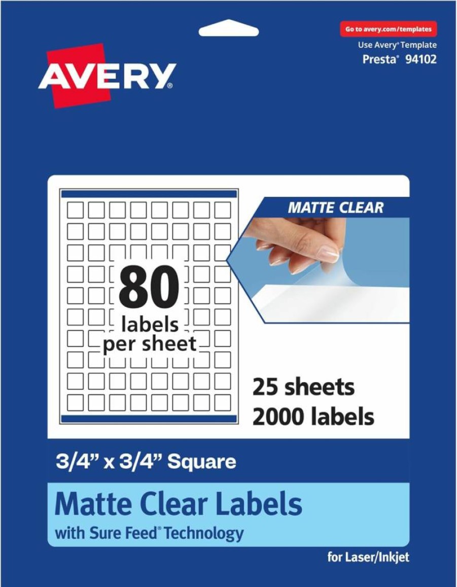 Avery Matte Clear Square Labels 3/4" x 3/4" - 800 Pack, Sure Feed Technology, Print-To-The-Edge, Laser/Inkjet Printable, Waterproof Matte Finish