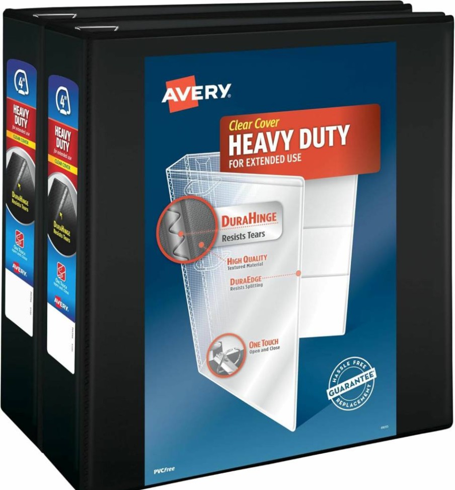 AVERY 79097 Heavy-Duty 3-Ring Binders, 1.5" Slant Ring, 375-Sheet Capacity, DuraHinge, Clear Customizable Cover, 2.1" Spine, Black (Pack of 6)