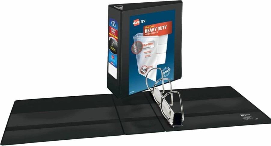 AVERY 79097 Heavy-Duty 3-Ring Binders, 1.5" Slant Ring, 375-Sheet Capacity, DuraHinge, Clear Customizable Cover, 2.1" Spine, Black (Pack of 6)