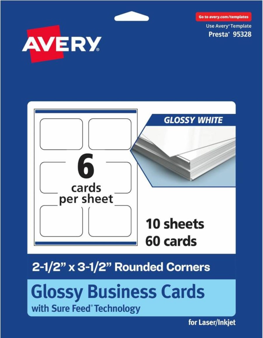 Avery Glossy White Printable Business Cards, 2.5" x 3.5", Rounded Corners, Sure Feed Technology, Print-to-Edge, Laser/Inkjet Compatible, 60-Pack