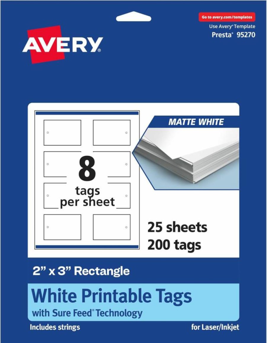 Avery Matte White Printable Tags with Sure Feed Technology, 2" x 3" Rectangle Labels for Laser/Inkjet Printers, 200-Pack, Print-To-The-Edge Design