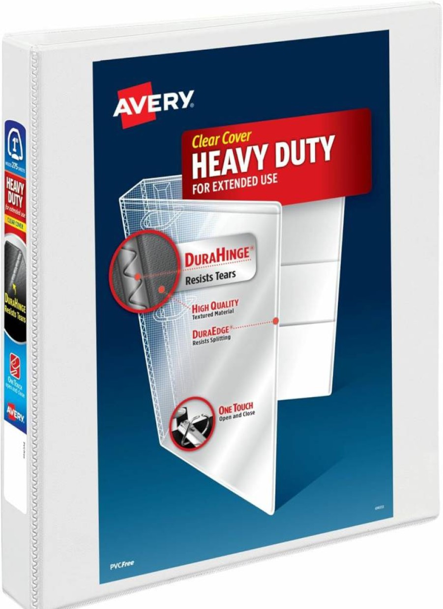 Avery 79192 Heavy-Duty 3-Ring Binder with One-Touch EZD Rings, 2.8" Spine, Clear Customizable Cover, Holds 540 Sheets, White 2-Inch Binder