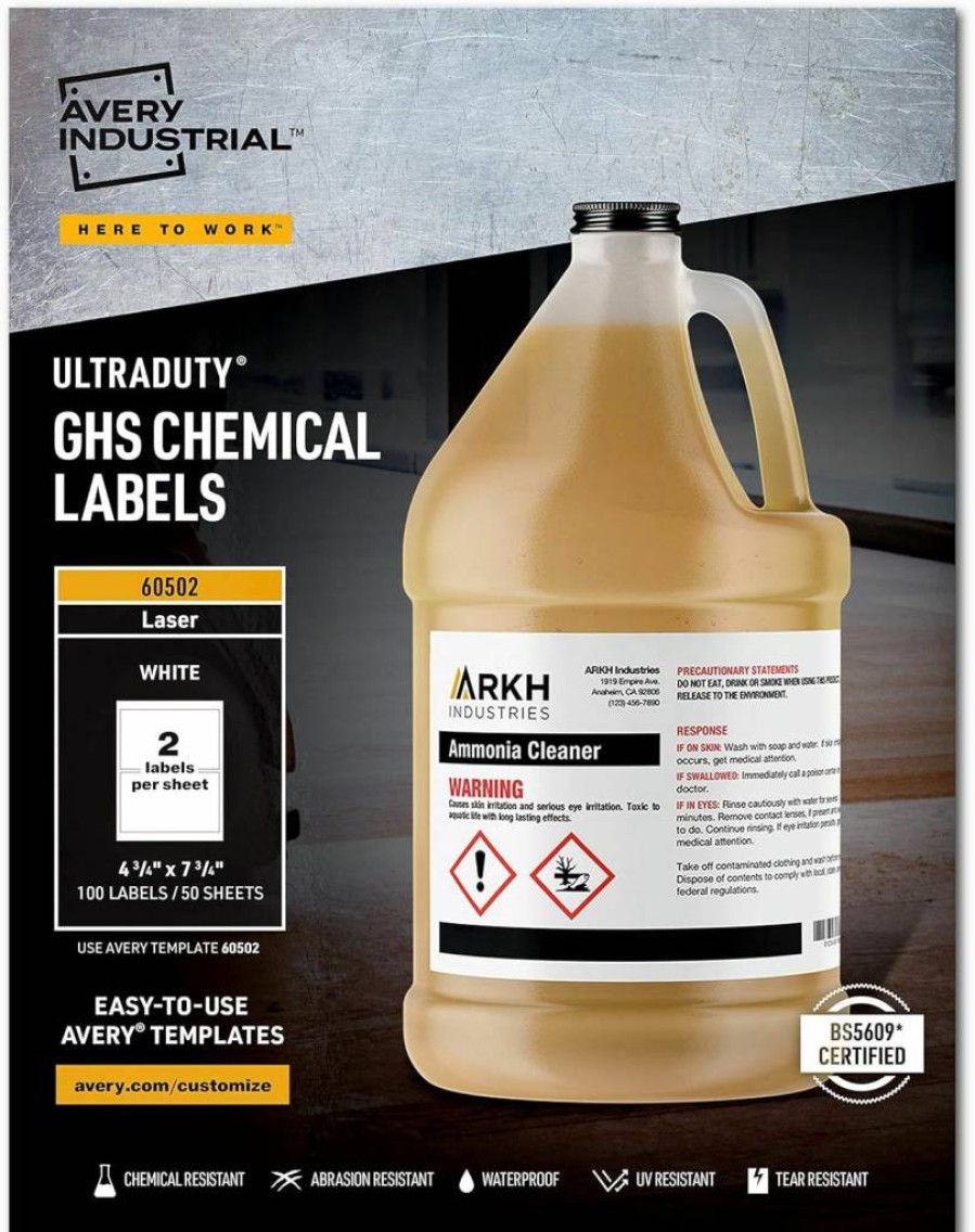 AVERY 60502 Ultraduty GHS Chemical Labels for Laser Printers, 4.75" x 7.75", Waterproof & UV Resistant, 100 Labels per Pack
