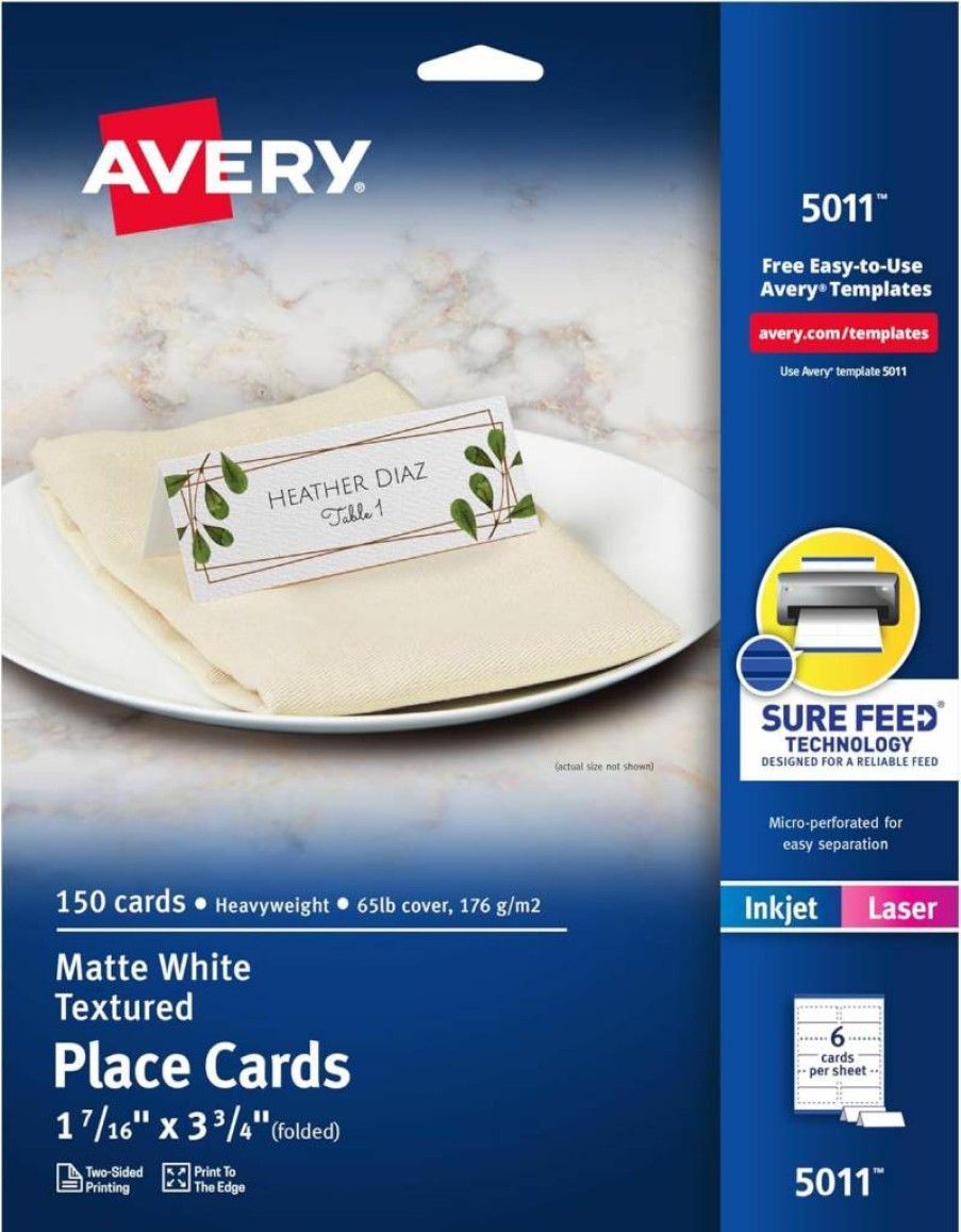 Avery 16109 Printable Textured White Place Cards, 1-7/16" x 3-3/4", 150 Blank Tent Cards with Sure Feed Technology for Laser & Inkjet Printers