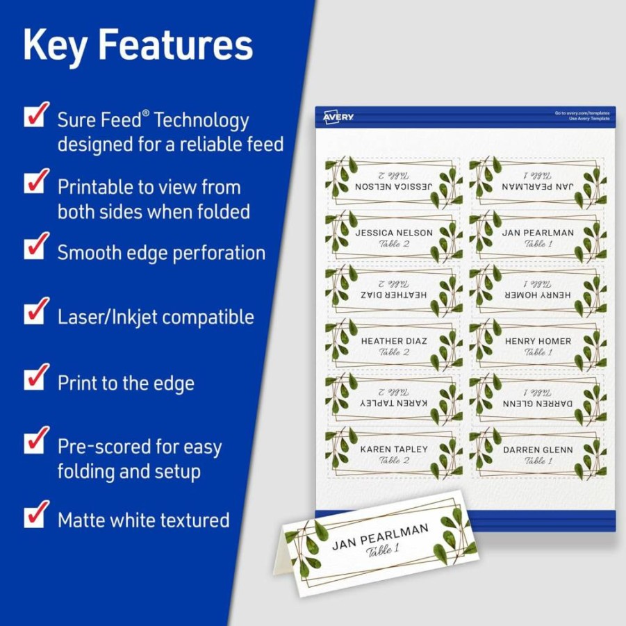Avery 16109 Printable Textured White Place Cards, 1-7/16" x 3-3/4", 150 Blank Tent Cards with Sure Feed Technology for Laser & Inkjet Printers