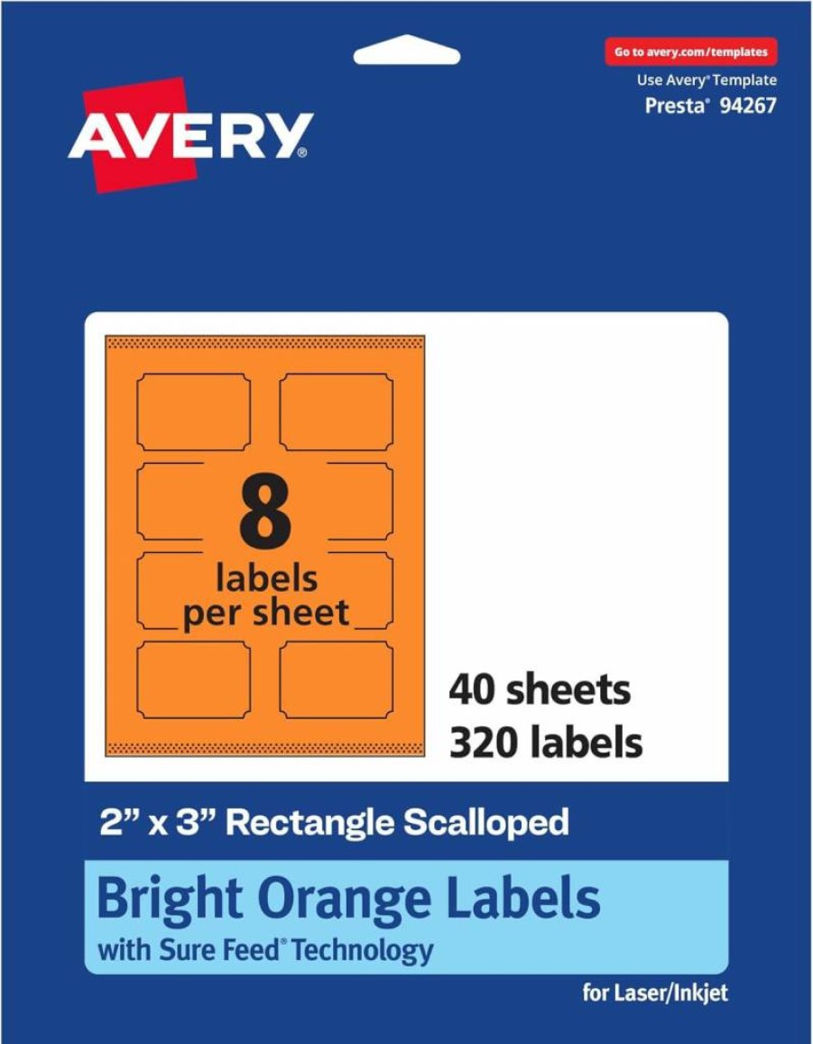 Avery Bright Orange 2" x 3" Scalloped Printable Labels - 80 Pack, Sure Feed Technology, Laser/Inkjet Compatible, Print-To-The-Edge for Mailing & Candles