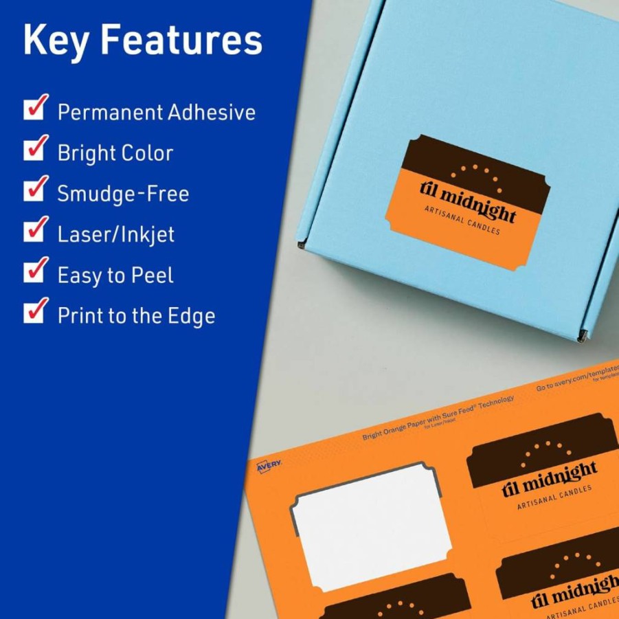 Avery Bright Orange 2" x 3" Scalloped Printable Labels - 80 Pack, Sure Feed Technology, Laser/Inkjet Compatible, Print-To-The-Edge for Mailing & Candles
