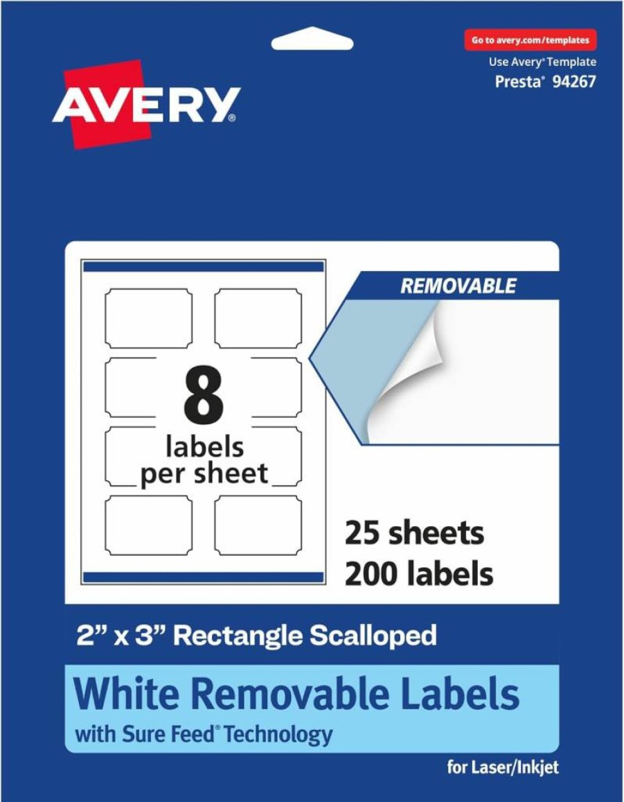 AVERY Matte White Removable Scalloped Labels 2" x 3" - 800 Pack, Sure Feed Technology, Print-To-The-Edge Design, Laser/Inkjet Printable, Peel & Stick Labels for Organizing