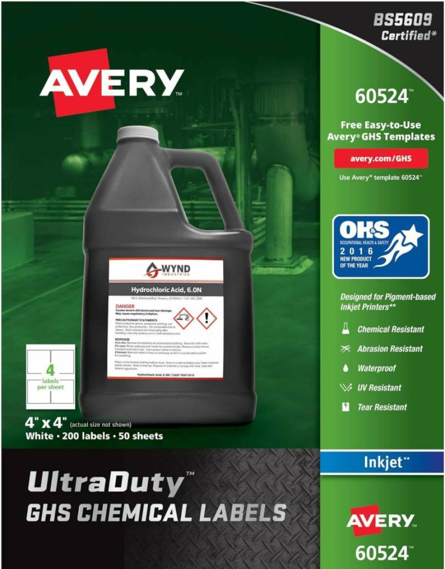 AVERY Ultraduty GHS Chemical Labels 4x4 Inch, Waterproof & UV Resistant, for Pigment Inkjet Printers, 200 Labels per Pack (60524)