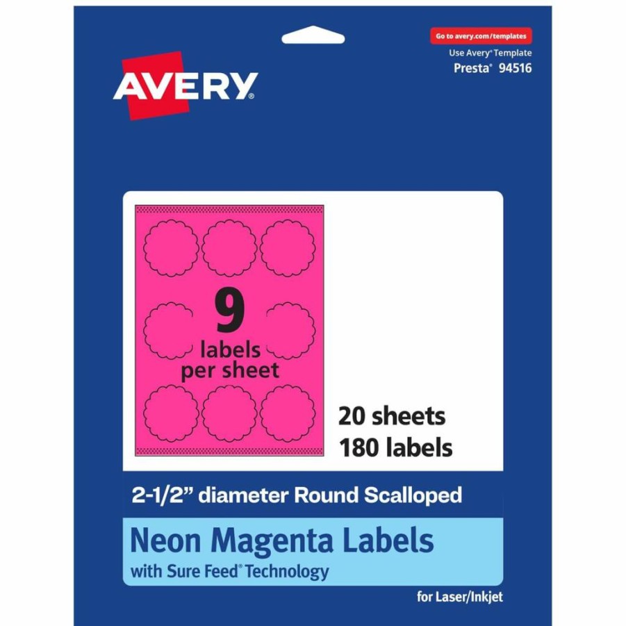 Avery Printable Round Scalloped Labels, 2-1/2" Neon Magenta, Sure Feed Technology, 180-Pack, Laser/Inkjet Compatible, Print-To-The-Edge for Mailing Seals & Candles