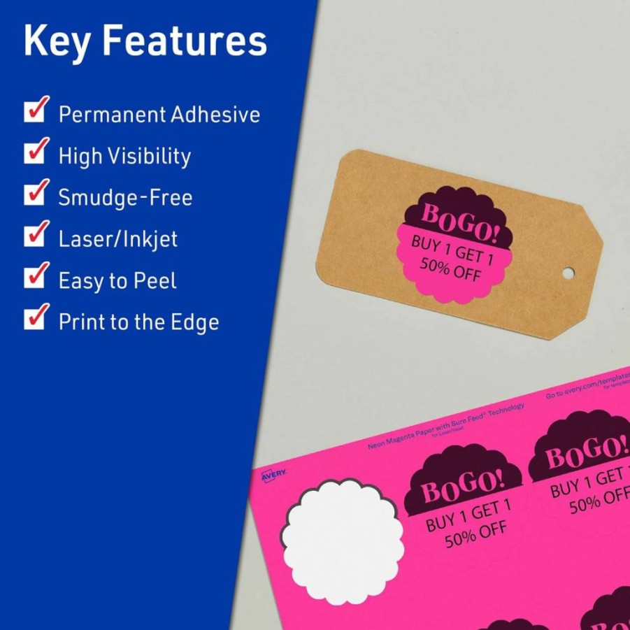 Avery Printable Round Scalloped Labels, 2-1/2" Neon Magenta, Sure Feed Technology, 180-Pack, Laser/Inkjet Compatible, Print-To-The-Edge for Mailing Seals & Candles