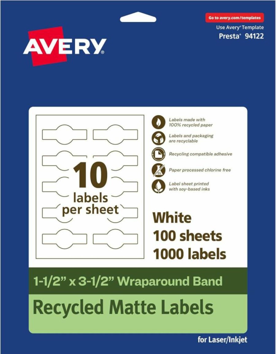 Avery Matte White Recycled Cigar Band Labels 1.5" x 3.5" - Eco-Friendly Wraparound, Permanent Adhesive, Print-to-Edge, Laser/Inkjet Printable, 100 Pack