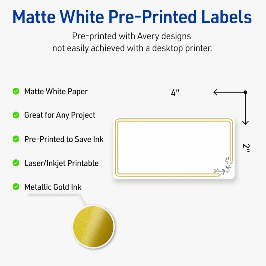 AVERY Matte White Printable Rectangle Labels with Gold Multi-Lined Border, 2" x 4", 100Ct, Permanent Adhesive for Laser/Inkjet Printers, Ideal for Product Merchandising