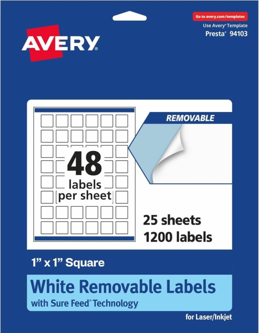 Avery Matte White Removable Labels 1" x 1" Square, 720 Pack, Sure Feed for Laser/Inkjet Printers, Print to Edge Design