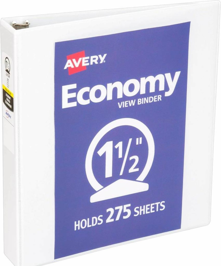 AVERY 1.5 Inch 3 Ring Binder with Round Rings, White Economy View Binder for School or Office (05770)