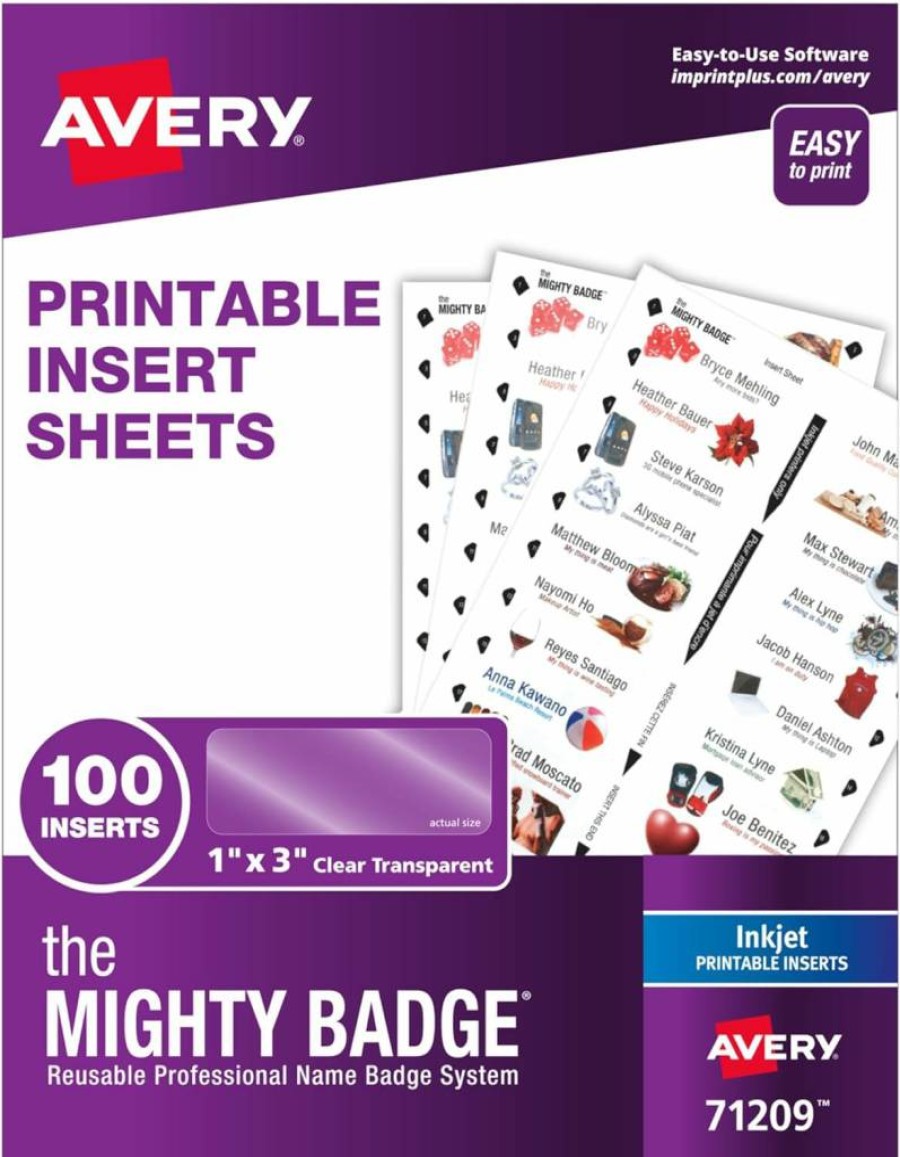 AVERY 71209 Mighty Badge Name Tag Inserts, 1" x 3" Clear Plastic Sleeves for Inkjet Printers, 100-Pack