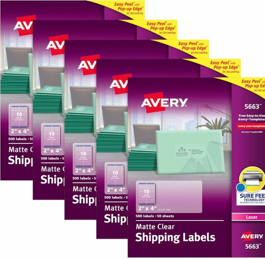 AVERY 5663 Matte Clear Printable Shipping Labels, 2" x 4", 500 Blank Mailing Labels with Sure Feed Technology