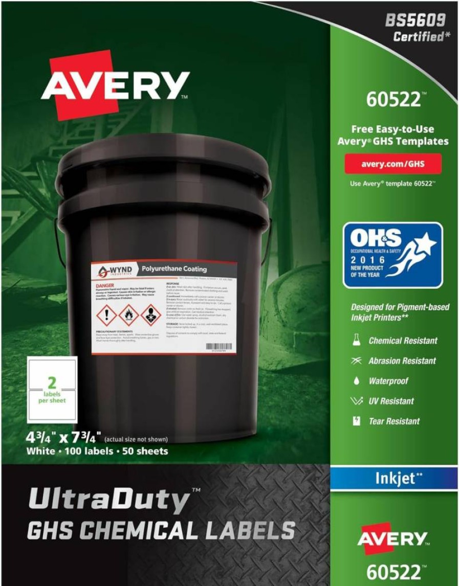 AVERY Ultraduty GHS Chemical Labels for Inkjet Printers, Waterproof, UV Resistant, 4.8" x 7.8" (60522) - Industrial Safety Labels