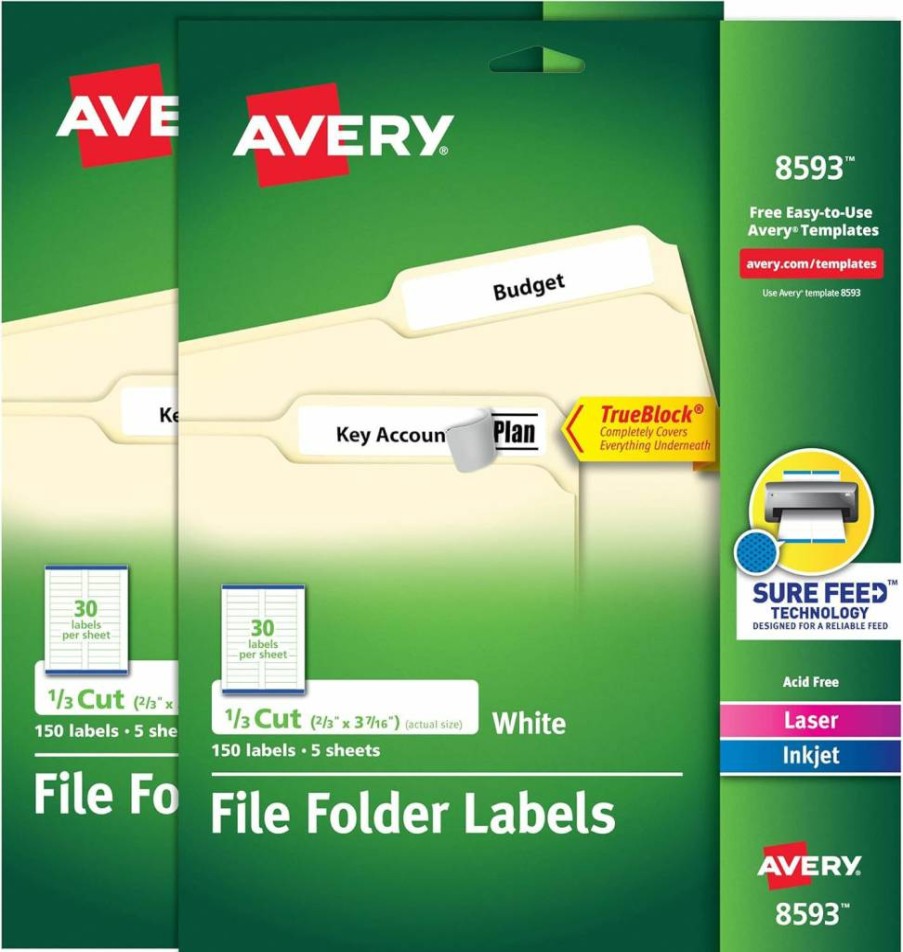 Avery Trueblock Permanent File Folder Labels, 2/3" x 3-7/16", Laser/Inkjet Compatible, 2-Pack (300 Total Labels) - 28593
