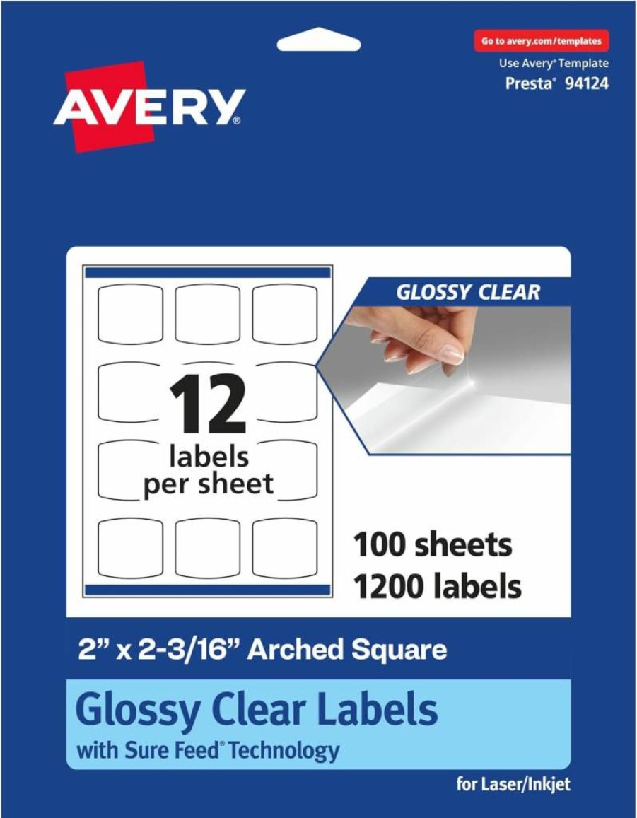 Avery Glossy Clear Square Labels 2" x 2-3/16" - 120 Pack, Sure Feed Technology, Edge-to-Edge Printing, Laser/Inkjet Compatible, High-Quality Adhesive Labels