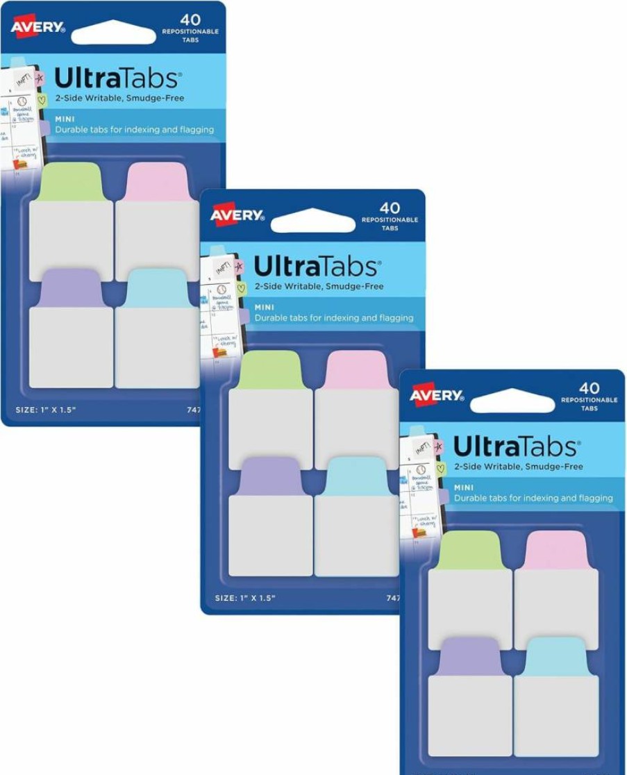 Avery 74759 Repositionable Mini Ultra Tabs, 1" x 1.5", Assorted Neon Colors, 2-Side Writable, 40 Tabs per Pack, 3 Packs (120 Tabs Total)