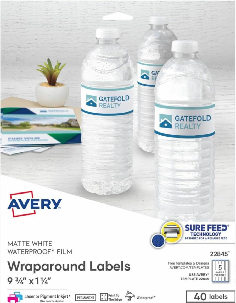 AVERY 22845 Matte White Waterproof Rectangle Labels, 1-1/4" x 9-3/4", 40-Pack for Laser/Pigment Inkjet Printers, Durable Wraparound Design with Sure Feed Technology