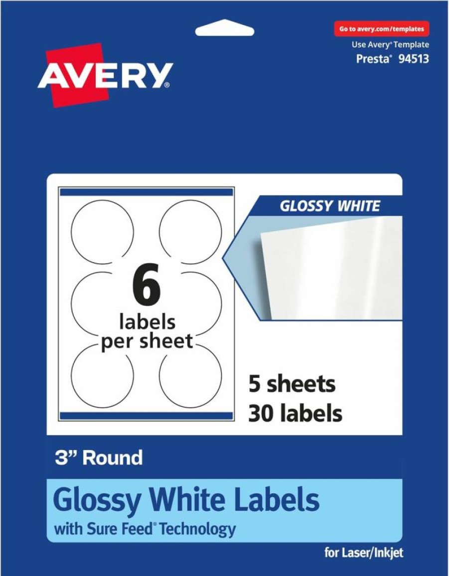 Avery 36500 Round Glossy White Labels, 3" Diameter, 60-Pack, Sure Feed Technology for Laser/Inkjet Printers