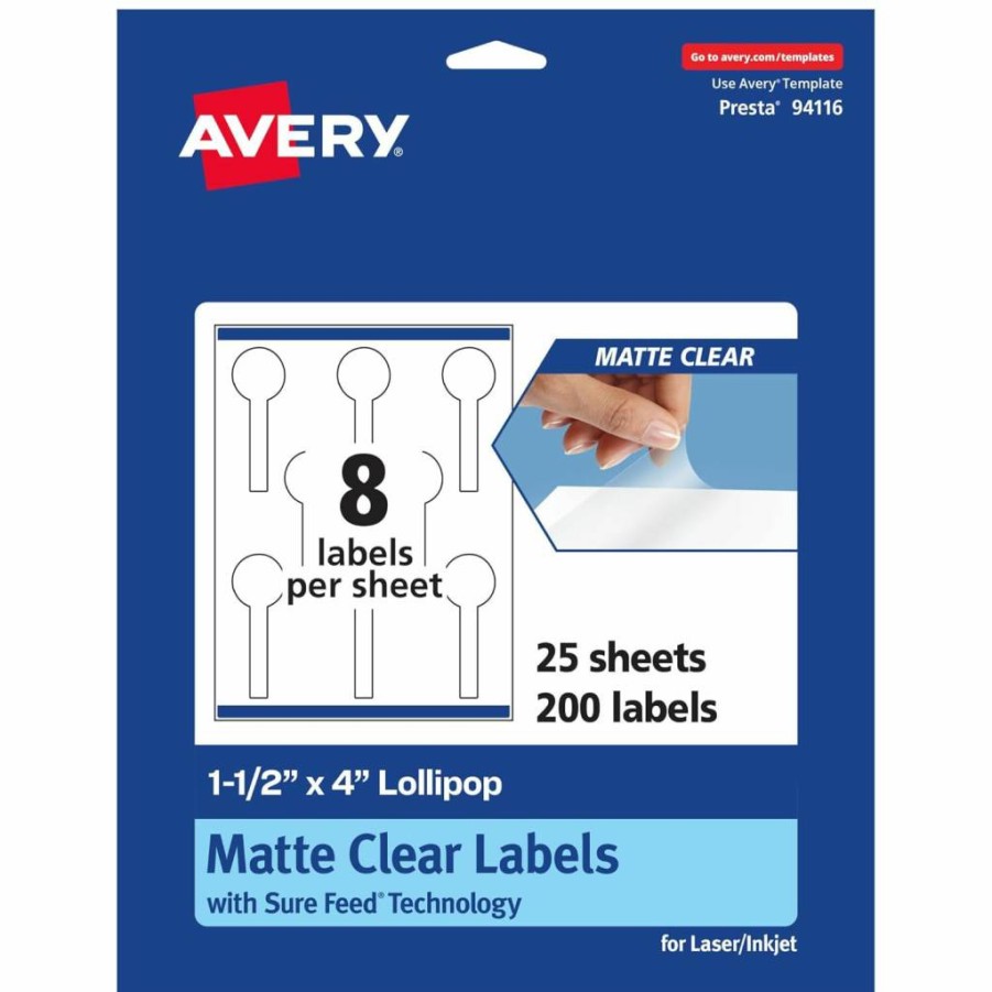 Avery Matte Clear Lollipop Labels 1.5" x 4" - 200 Pack, Sure Feed Technology, Print-To-The-Edge, Laser & Inkjet Printable, Waterproof, Smudge-Proof