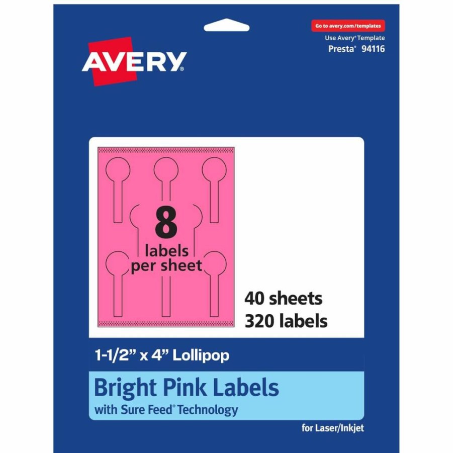 Avery Bright Pink Printable Lollipop Labels 1.5" x 4" - 80 Pack, Sure Feed Technology, Print-To-The-Edge for Laser/Inkjet, Ideal for Jars, Baking & Seal Stickers