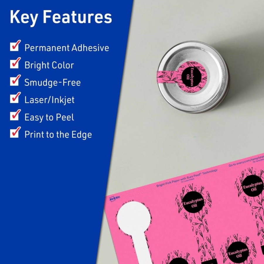 Avery Bright Pink Printable Lollipop Labels 1.5" x 4" - 80 Pack, Sure Feed Technology, Print-To-The-Edge for Laser/Inkjet, Ideal for Jars, Baking & Seal Stickers