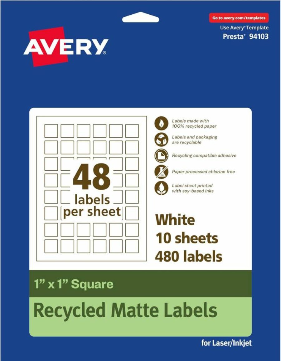 Avery 1" x 1" Square Recycled Matte White Labels - Eco-Friendly, Permanent Adhesive, Print-To-The-Edge, Laser/Inkjet Compatible, 1200 Count Pack