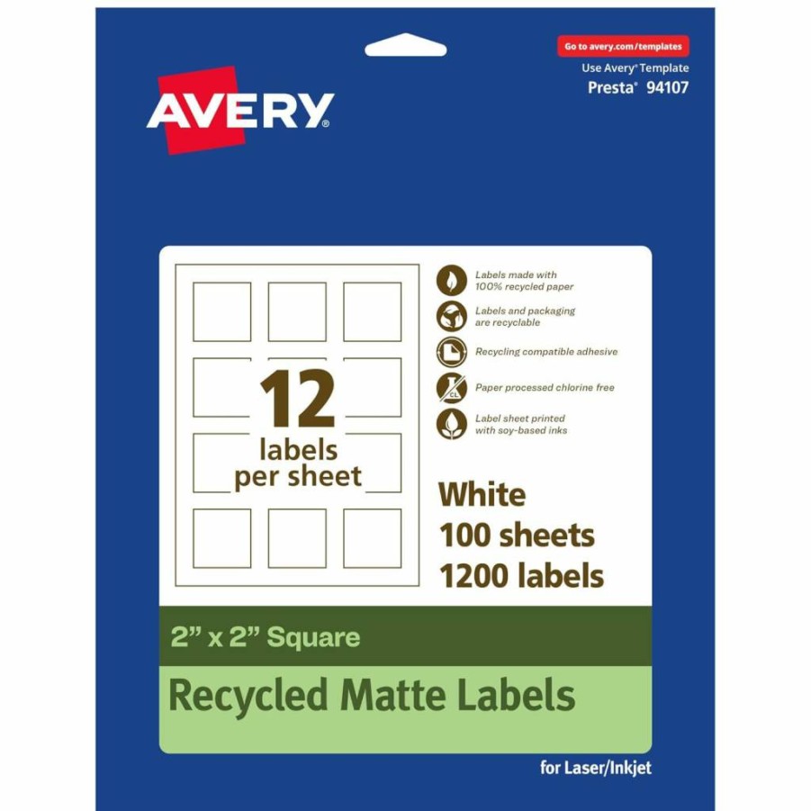 Avery Recycled Matte White Square Labels 2" x 2" - Eco-Friendly, Print-to-Edge, Permanent Adhesive, Laser/Inkjet Printable, 300-Pack