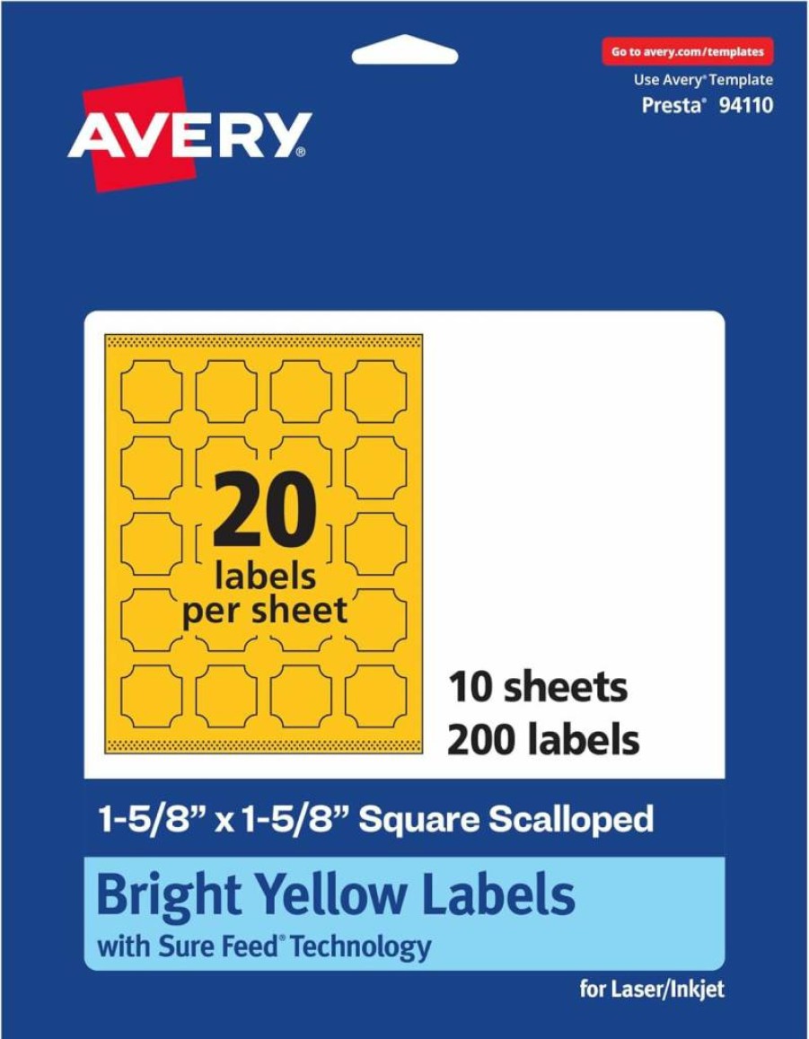 AVERY Bright Yellow Printable Scalloped Labels 1-5/8" x 1-5/8" - 200 Pack, Sure Feed Technology, Laser/Inkjet Compatible, Print-To-The-Edge for Cosmetics & Jars