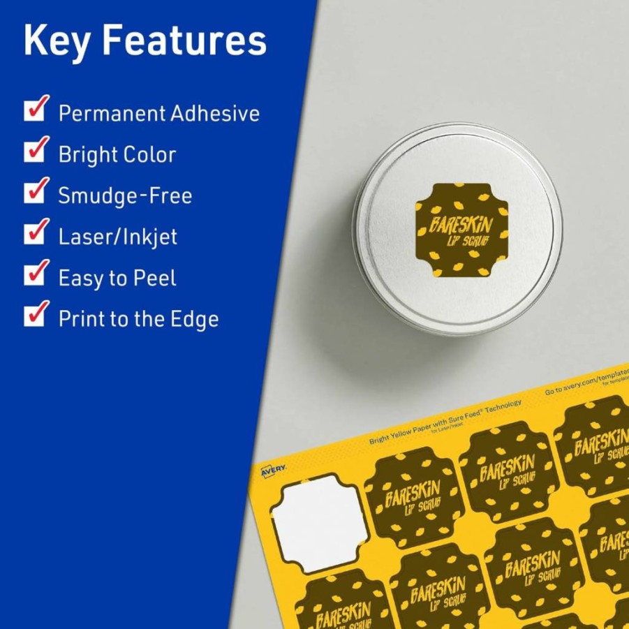 AVERY Bright Yellow Printable Scalloped Labels 1-5/8" x 1-5/8" - 200 Pack, Sure Feed Technology, Laser/Inkjet Compatible, Print-To-The-Edge for Cosmetics & Jars