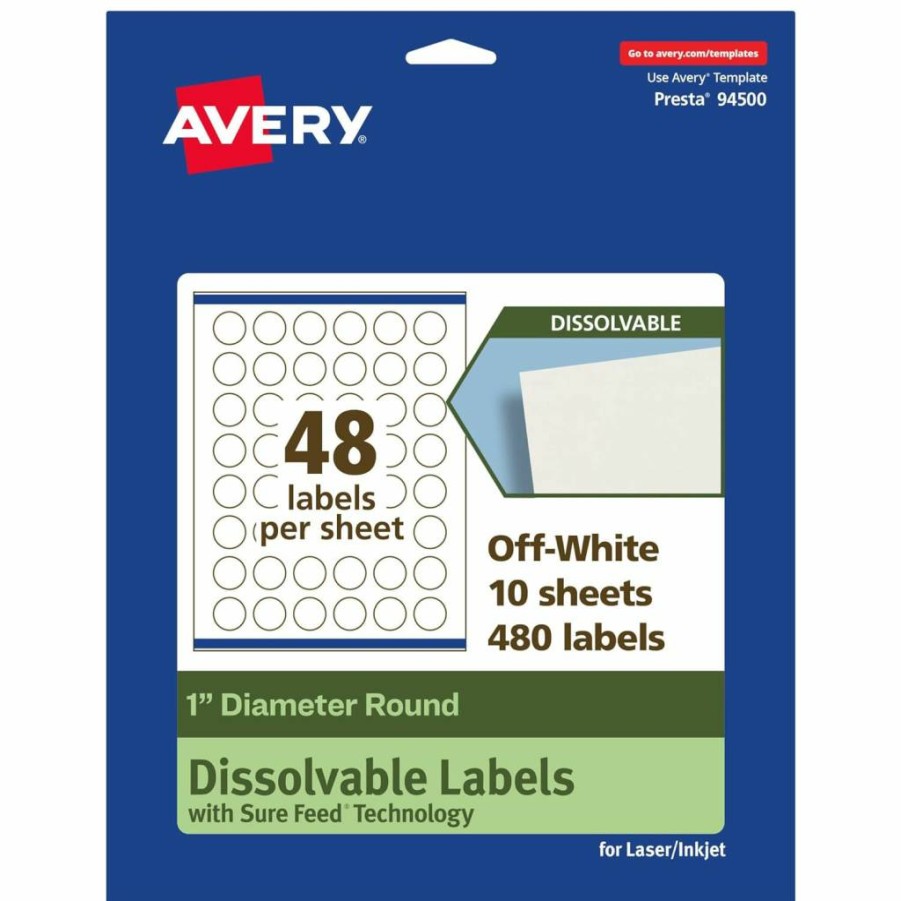 AVERY Round Dissolvable Labels, 1" Diameter, Matte White, Print-To-The-Edge, Compatible with Laser/Inkjet Printers, 1200 Adhesive Labels, Sure Feed Technology