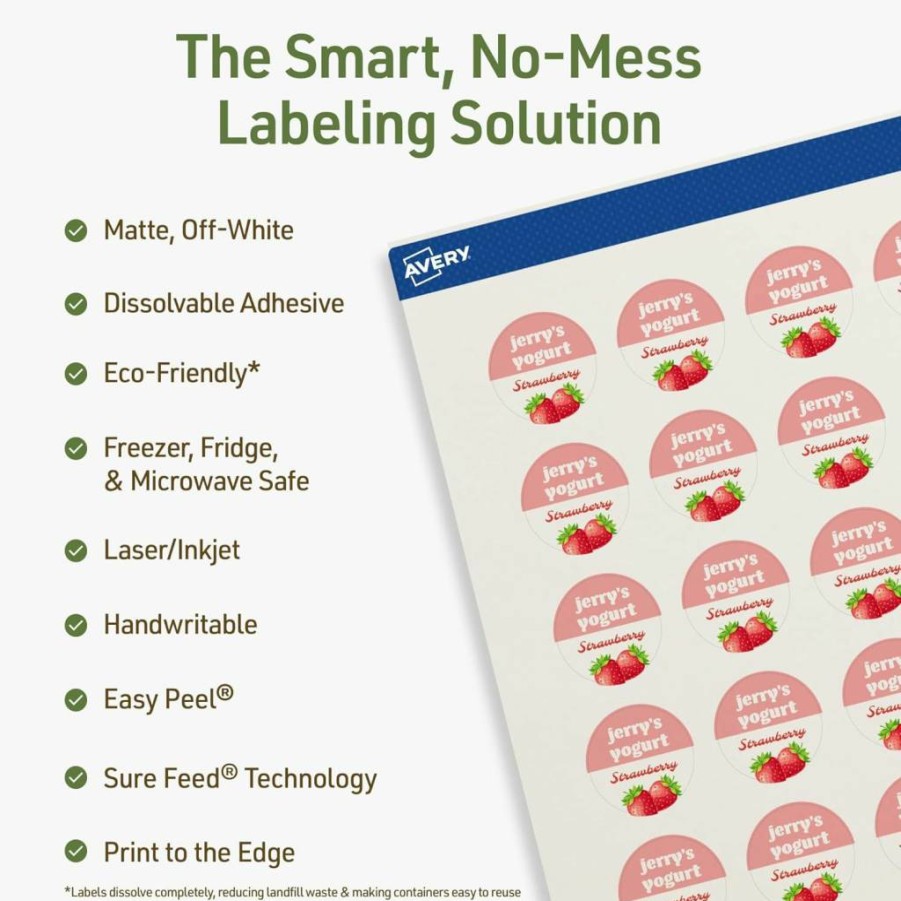 AVERY Round Dissolvable Labels, 1" Diameter, Matte White, Print-To-The-Edge, Compatible with Laser/Inkjet Printers, 1200 Adhesive Labels, Sure Feed Technology