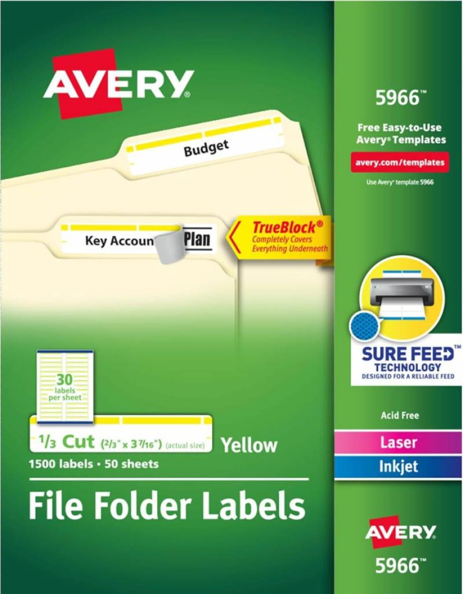 AVERY Trueblock Permanent File Folder Labels, 2/3" x 3-7/16", 1,500 White & Yellow Printable Labels (5966)