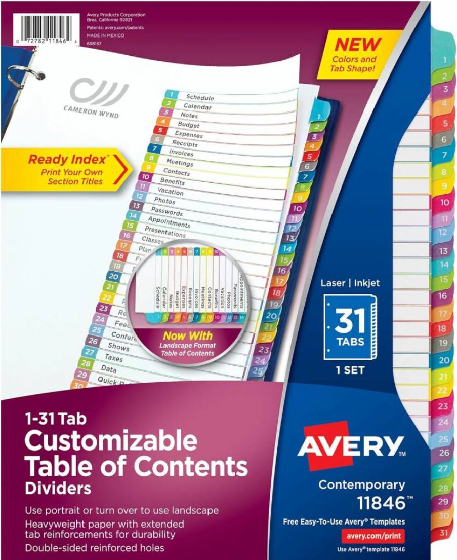 AVERY 1-31 Tab Dividers for 3-Ring Binders, 12 Pack Multicolor Index Tabs with Customizable Table of Contents (11846)