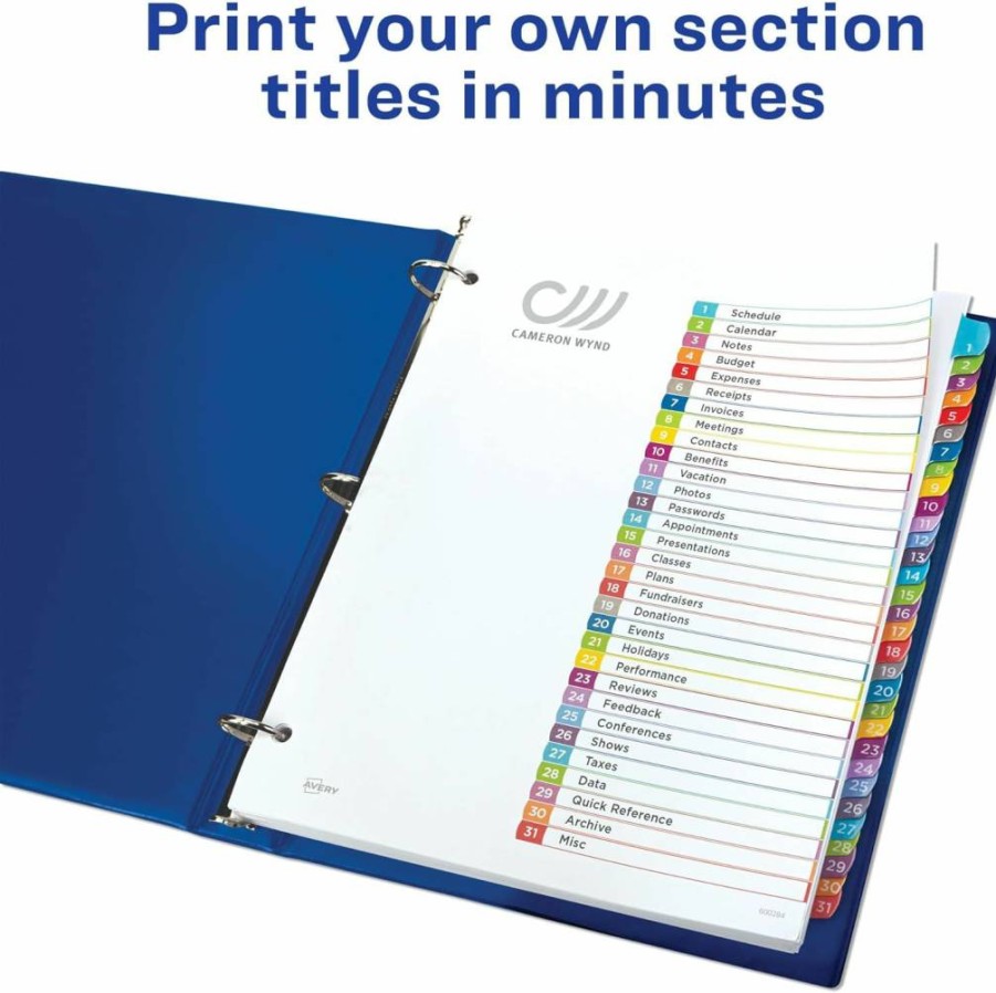 AVERY 1-31 Tab Dividers for 3-Ring Binders, 12 Pack Multicolor Index Tabs with Customizable Table of Contents (11846)