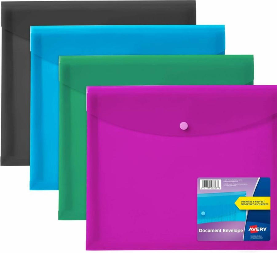 Avery 4-Pack Document Holder Envelopes, Letter/A4 Size, Holds 450 Sheets, 4 Assorted Colors (73556)