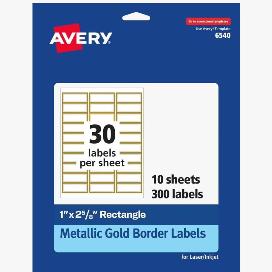 Avery 06540 Printable Address Labels, 1" x 2-5/8", Matte White with Gold Borders, 300 Permanent Mailing Labels for Laser & Inkjet, Wedding Favors & Events