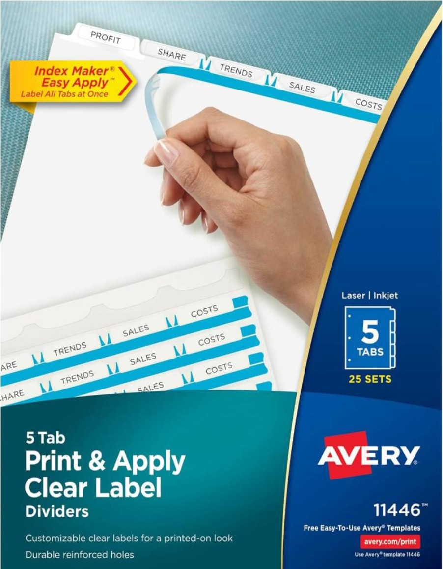 AVERY 5-Tab Dividers for 3-Ring Binder, 6-Pack of 25 Sets (150 Total), Customizable White Tabs with Clear Label Strips, Easy Print & Apply, Index Maker, 11446