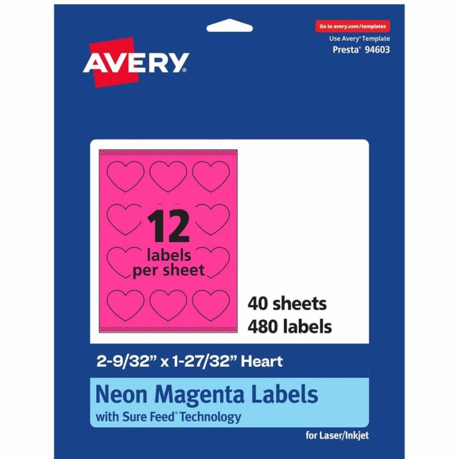 Avery Neon Magenta Printable Heart Labels, 2-9/32" x 1-27/32", Sure Feed Technology, 120-Pack for Mailing, Seals & Packaging, Laser/Inkjet Compatible, Print-To-The-Edge Design