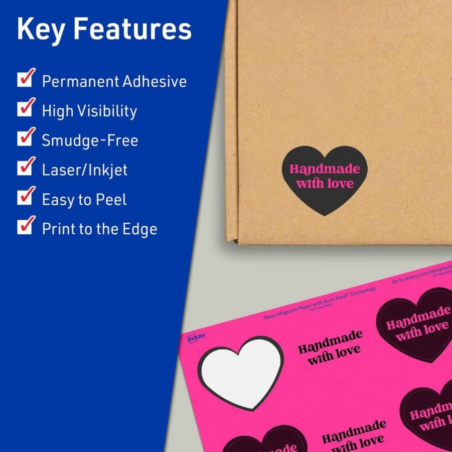 Avery Neon Magenta Printable Heart Labels, 2-9/32" x 1-27/32", Sure Feed Technology, 120-Pack for Mailing, Seals & Packaging, Laser/Inkjet Compatible, Print-To-The-Edge Design