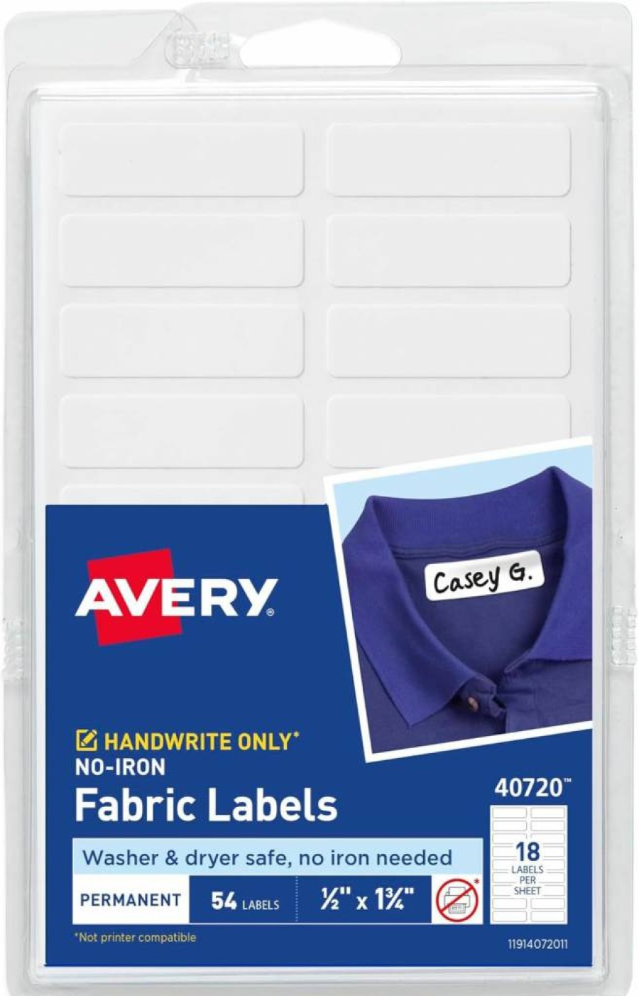 Avery No-Iron Fabric Labels, 1/2" x 1-3/4", Washer & Dryer Safe, White, Non-Printable, 54 Labels per Pack, 2-Pack (108 Total) - 40720