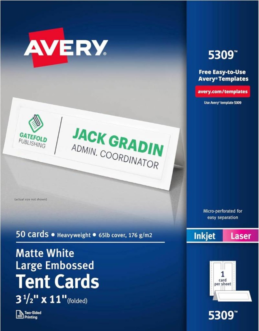 Avery 5309 Printable Tent Cards, 3.5" x 11" White Place Cards with Embossed Border, 50-Pack for Laser & Inkjet Printers