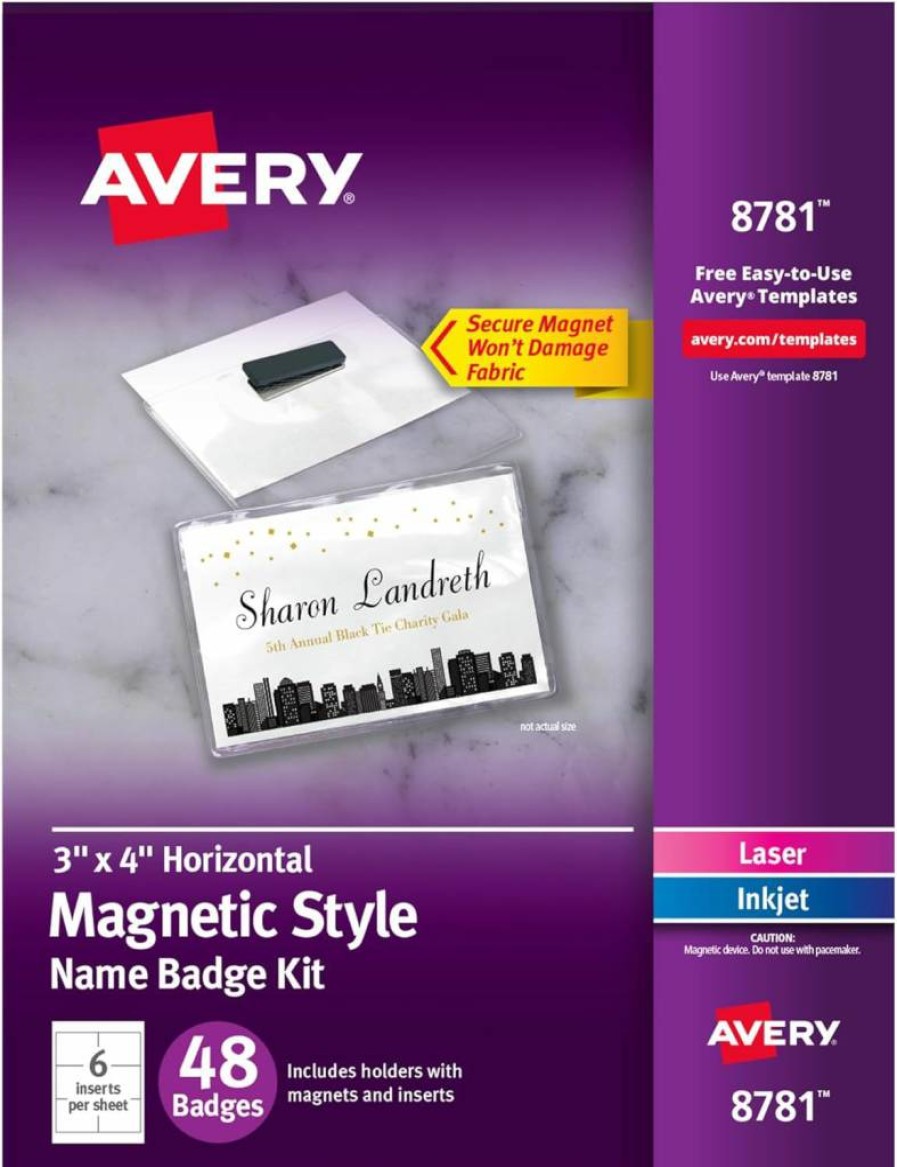Avery 8781 Magnetic Name Badges, 3" x 4" Clear Printable Name Tags with 48 White Inserts for Laser/Inkjet Printing